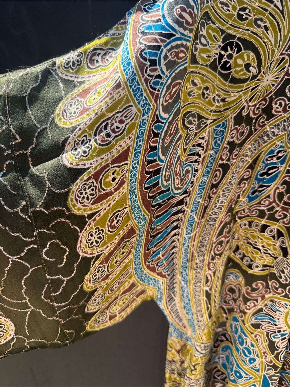 Anna Sui Vtg lamé Olive, chartreuse & Teal Paisley Medallion Dress tunic pockets - Picture 3 of 9